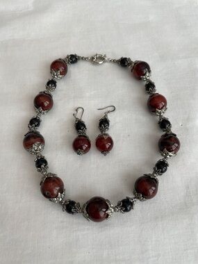 Bold Brown and Black Stone Beaded Necklace with Matching Earrings
